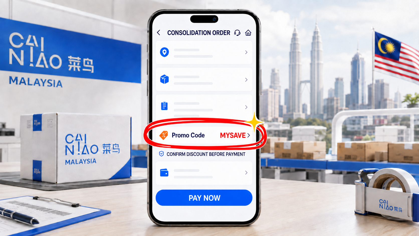 Cainiao Malaysia consolidation checkout screen with the MYSAVE promo code field highlighted