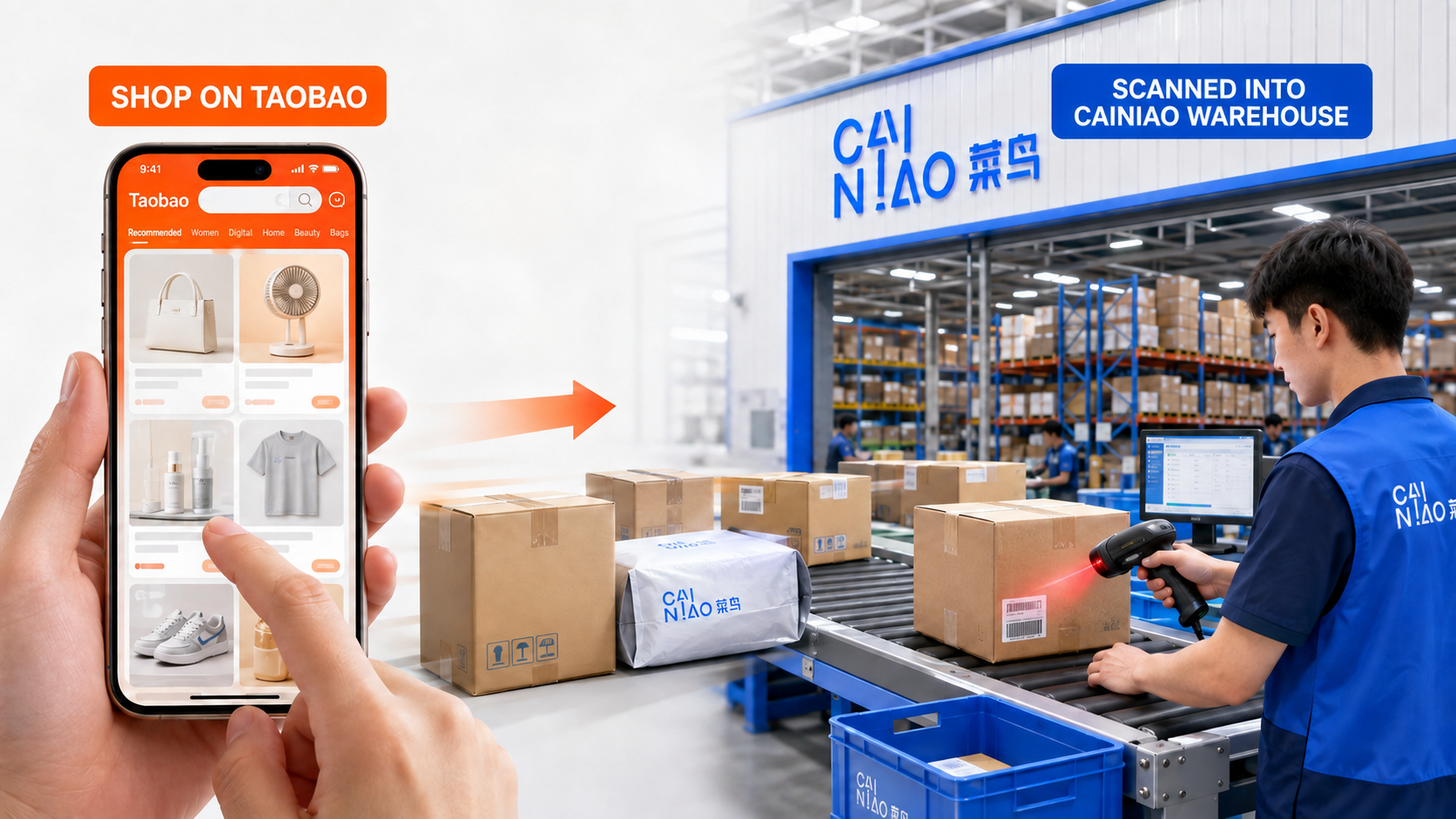 Shopping in the Taobao app and sending parcels to a Cainiao China warehouse for scanning and check-in