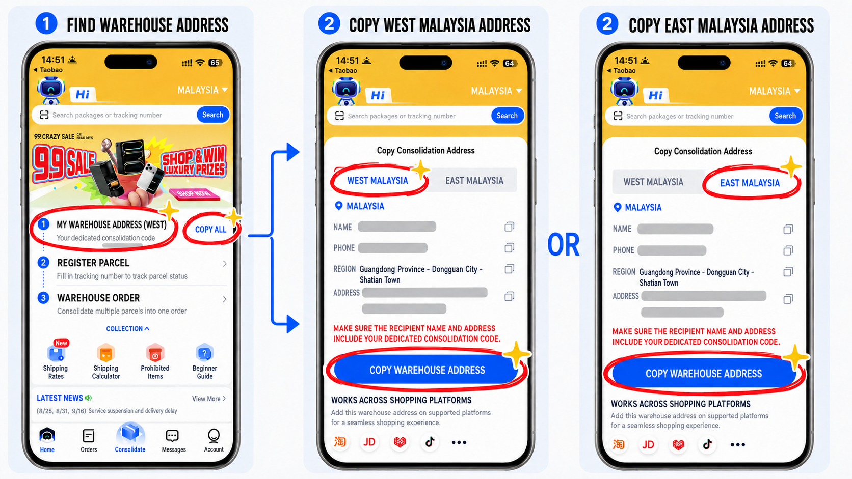 Opening My Warehouse Address in Cainiao, then choosing either the West Malaysia or East Malaysia warehouse details and copying the full address