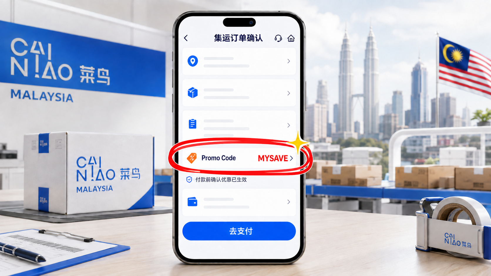 手机中的菜鸟集运马来西亚结算页，突出显示 MYSAVE 优惠码输入位置