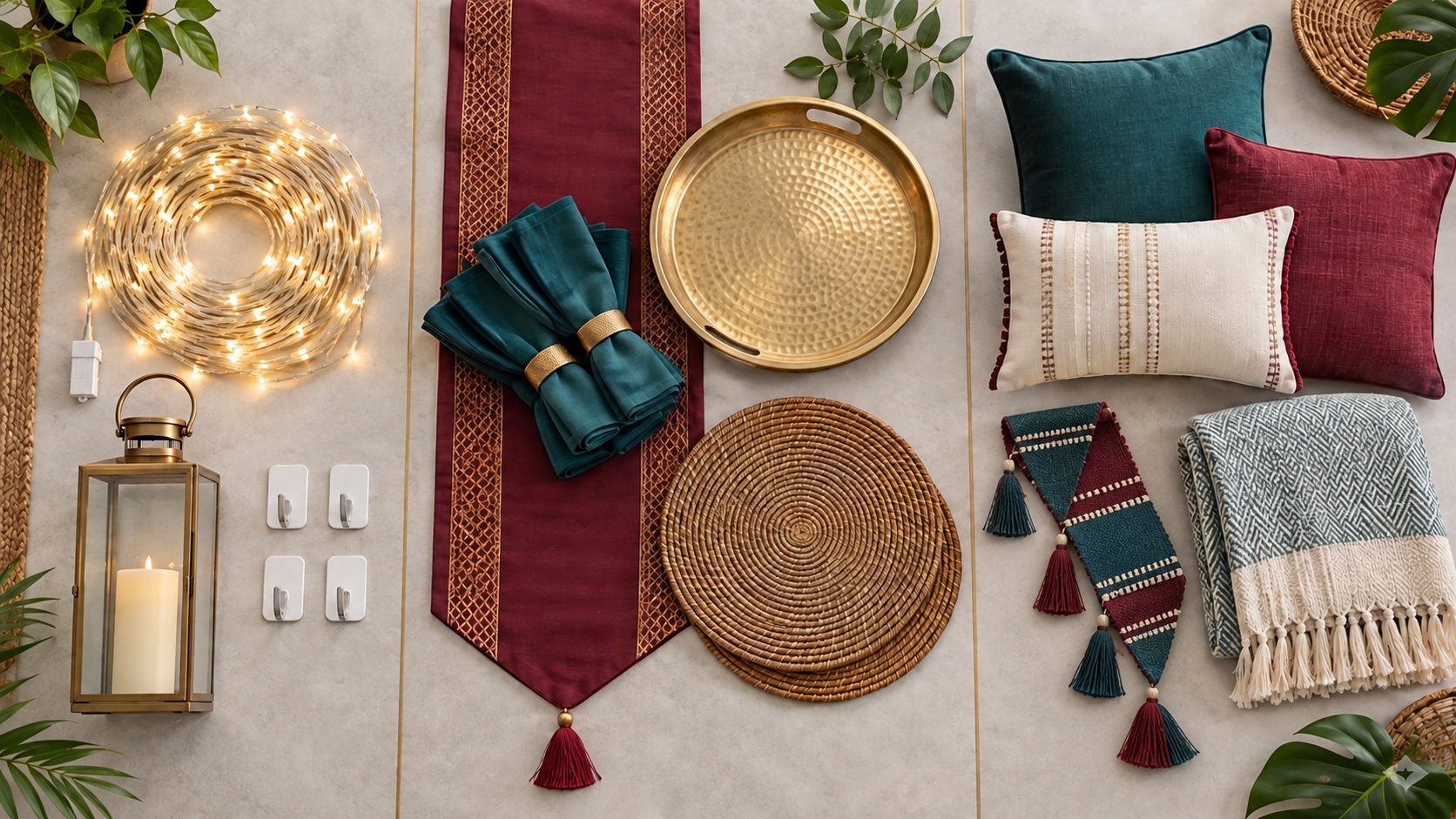 Three overhead groups of non-food decor: warm lights and hooks for the entryway, a table runner napkins tray and place mats for dining, and cushion covers a light throw and neutral fabric hanging for the living room