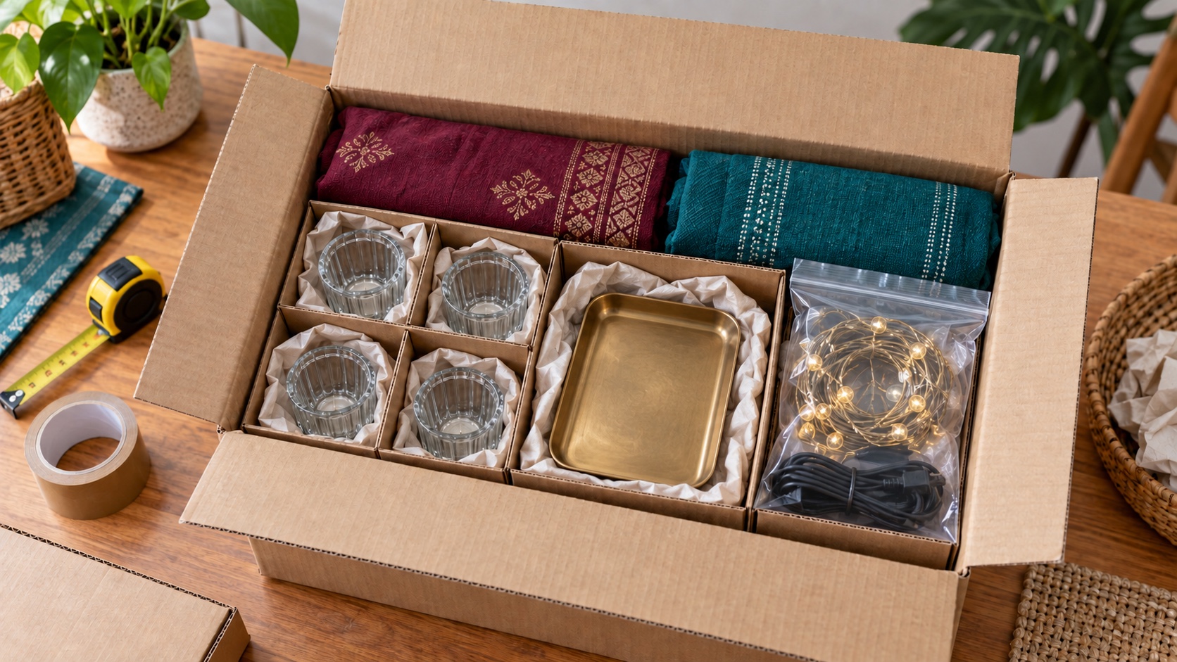 A compact carton with individually divided glass candle holders, a cushioned plain metal tray, a separately bagged light string and power lead, and table linen filling the remaining space