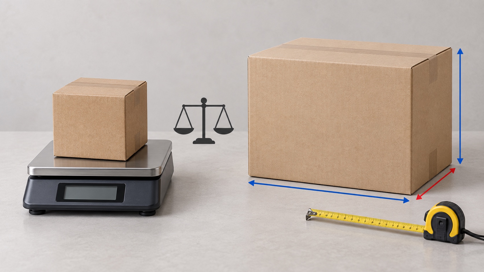 A small carton on a digital scale beside a larger carton being measured, illustrating why actual and volumetric weight both need to be checked