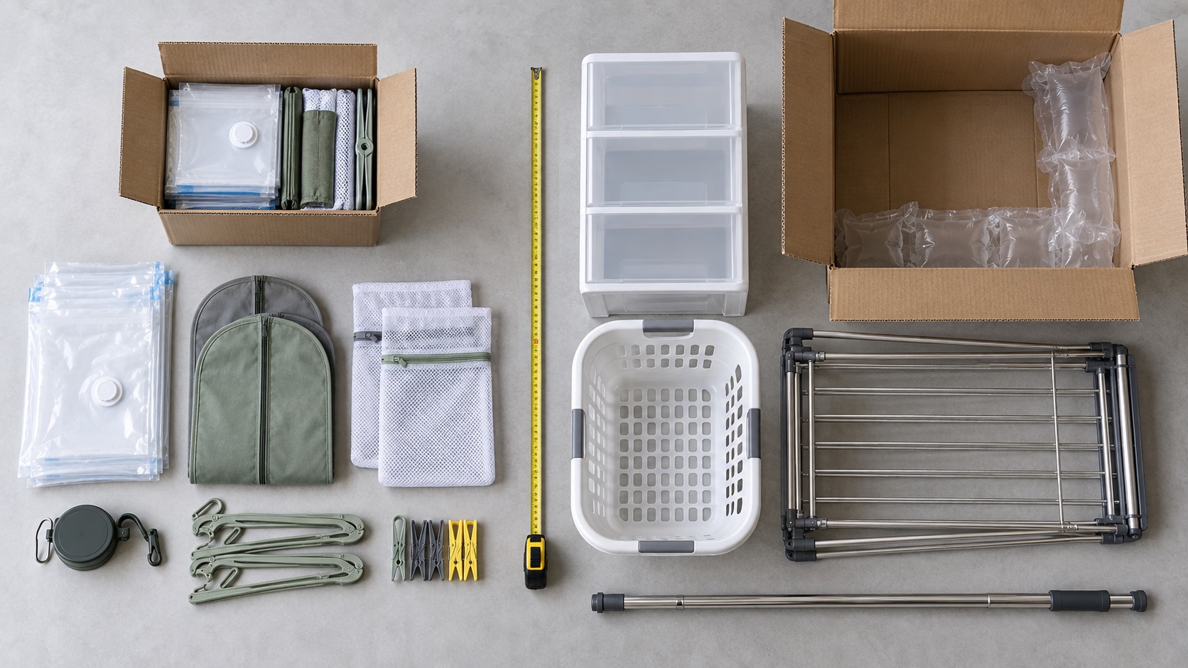 Top-down comparison of flat-pack vacuum bags, fabric dust covers, mesh bags and folding hangers with a rigid plastic drawer unit, laundry basket, metal drying rack and long pole