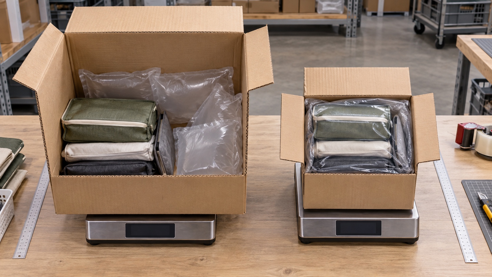 The same lightweight fabric storage items packed in an oversized carton with empty space and a close-fitting carton, each placed on a scale with no numerical display