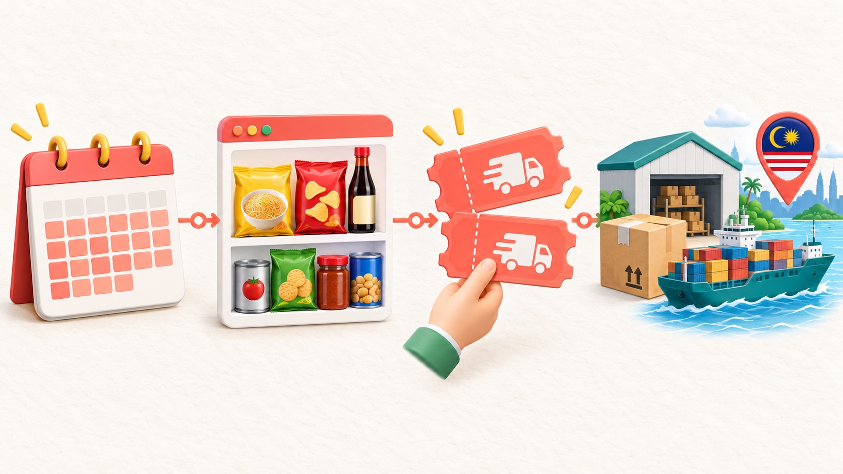 从当月活动页手动领取两张运费券，再用于马来西亚海运食品专线仓库包裹的流程插图