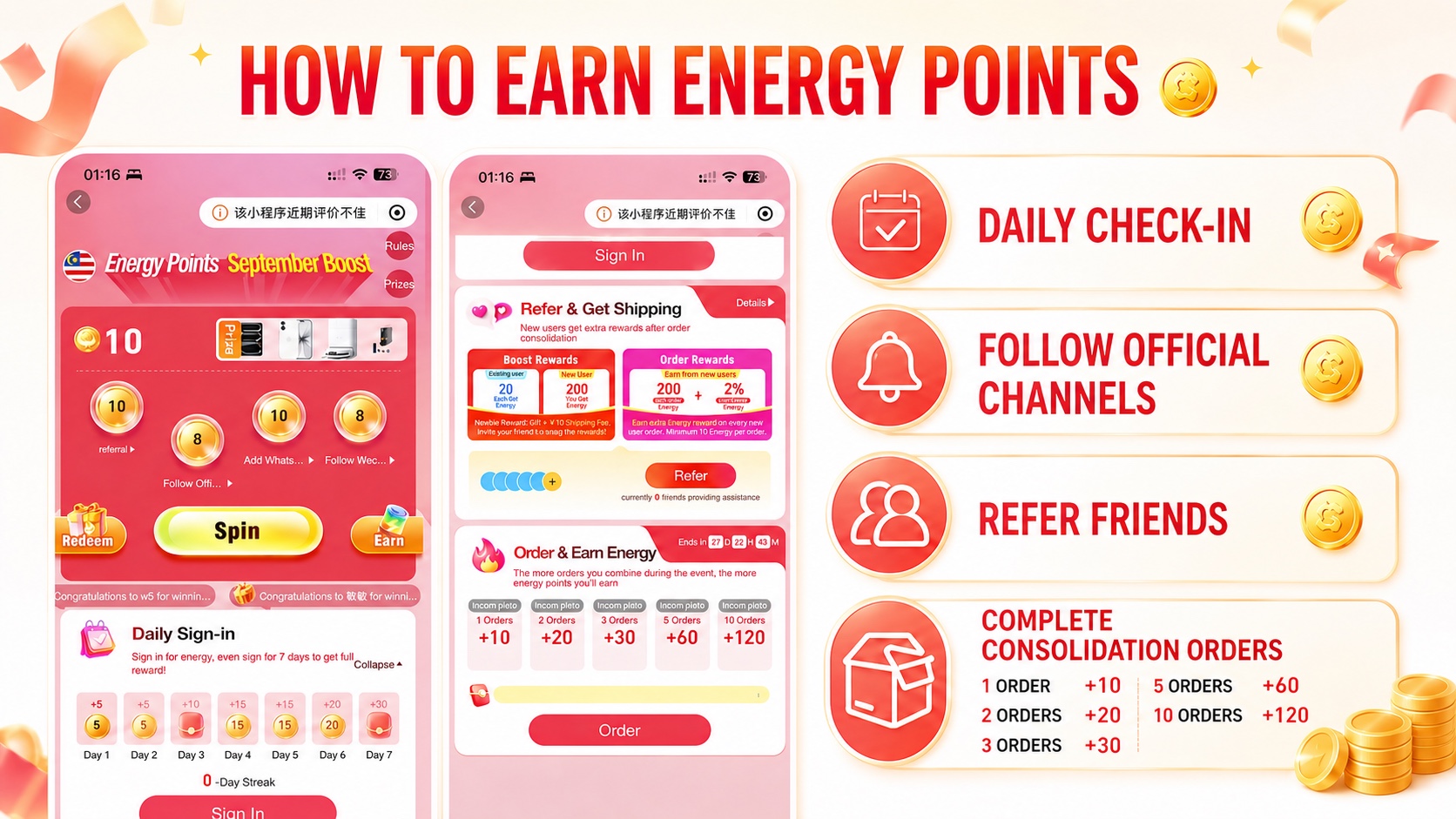 Ways to earn Energy Points on Cainiao Malaysia through daily check-in, official channels, referrals and consolidation orders