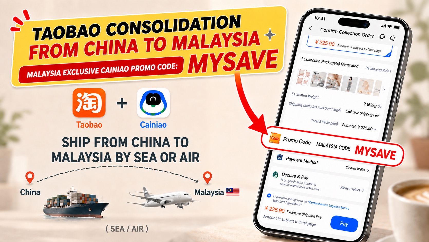 Masukkan kod promosi penghantaran eksklusif Cainiao Malaysia MYSAVE semasa pembayaran