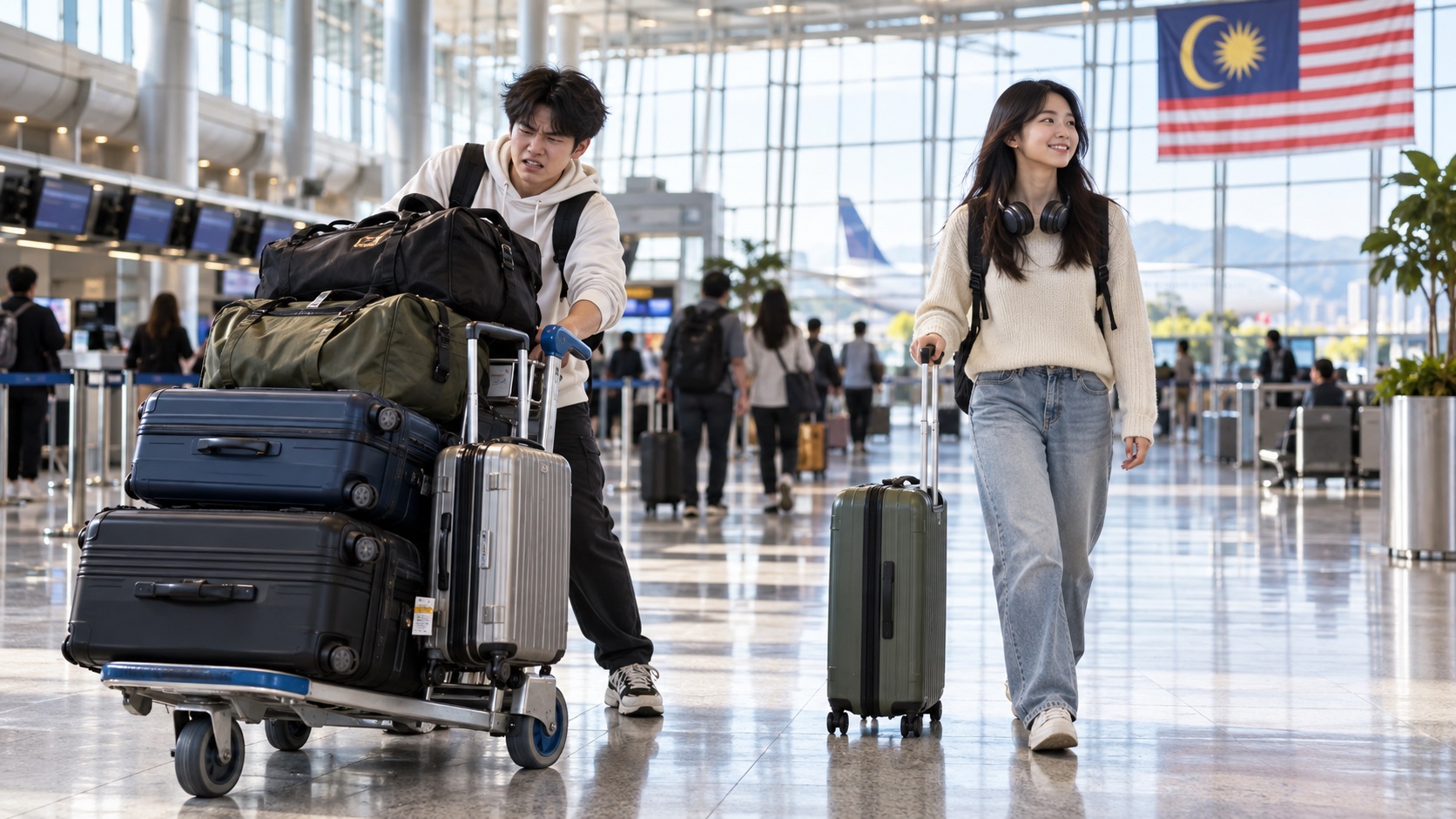 At a Malaysian airport, one student struggles with a trolley full of large bags while another travels calmly with one rolling suitcase