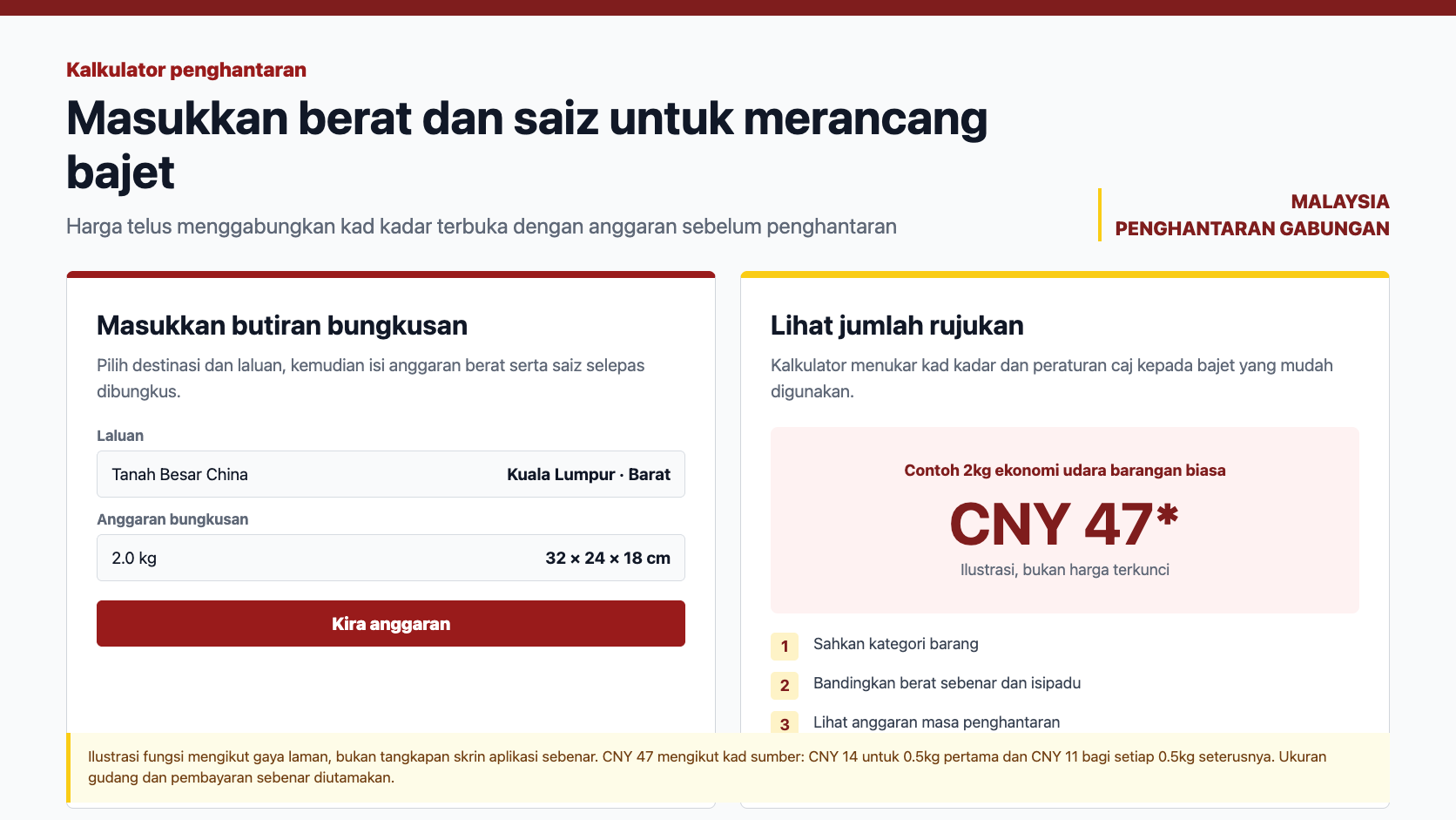 Kalkulator penghantaran gaya laman yang menunjukkan destinasi, berat, saiz dan anggaran tambang ke Malaysia