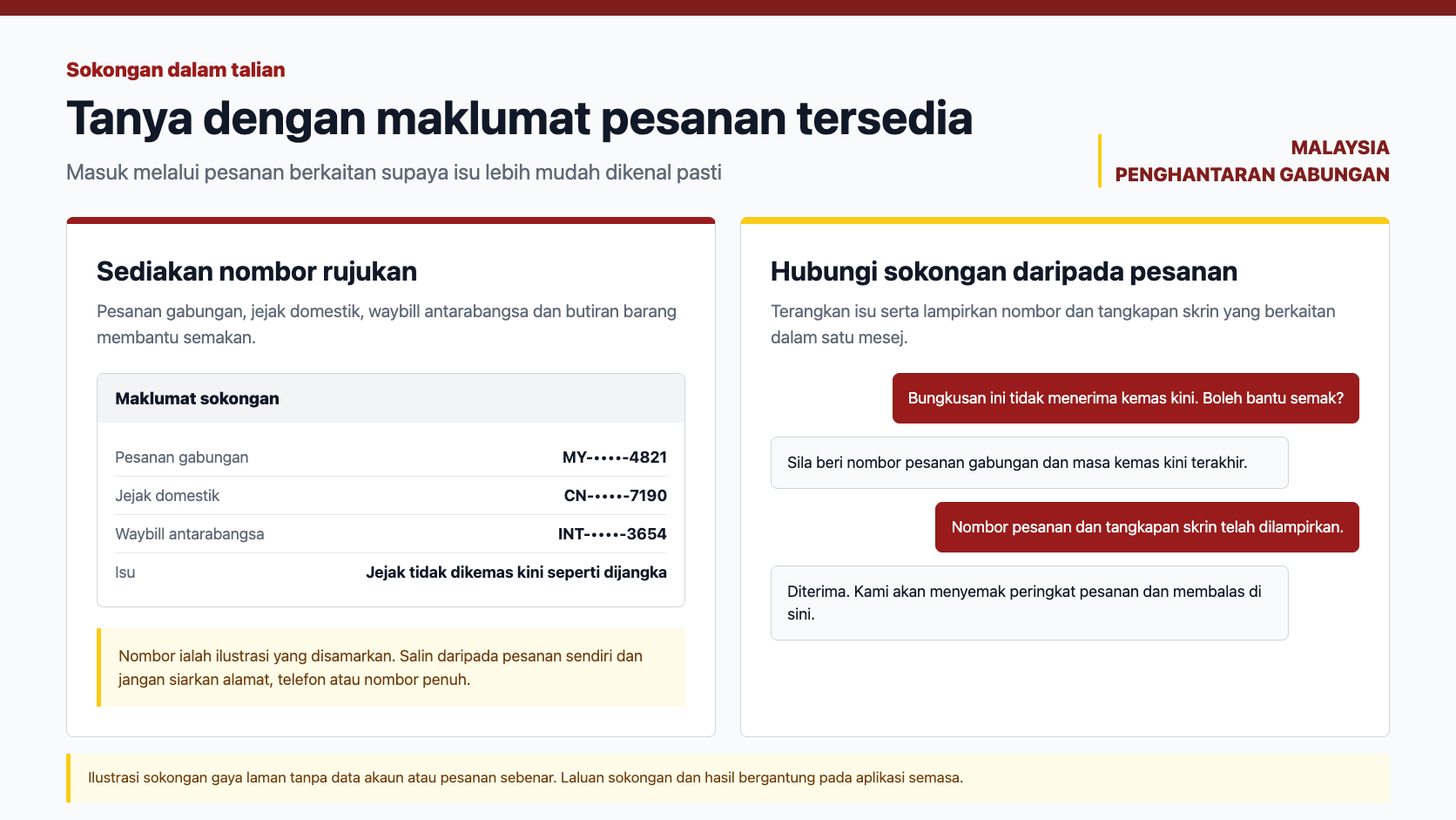 Ilustrasi gaya laman untuk menghubungi sokongan dalam talian dengan nombor pesanan dan jejak penghantaran