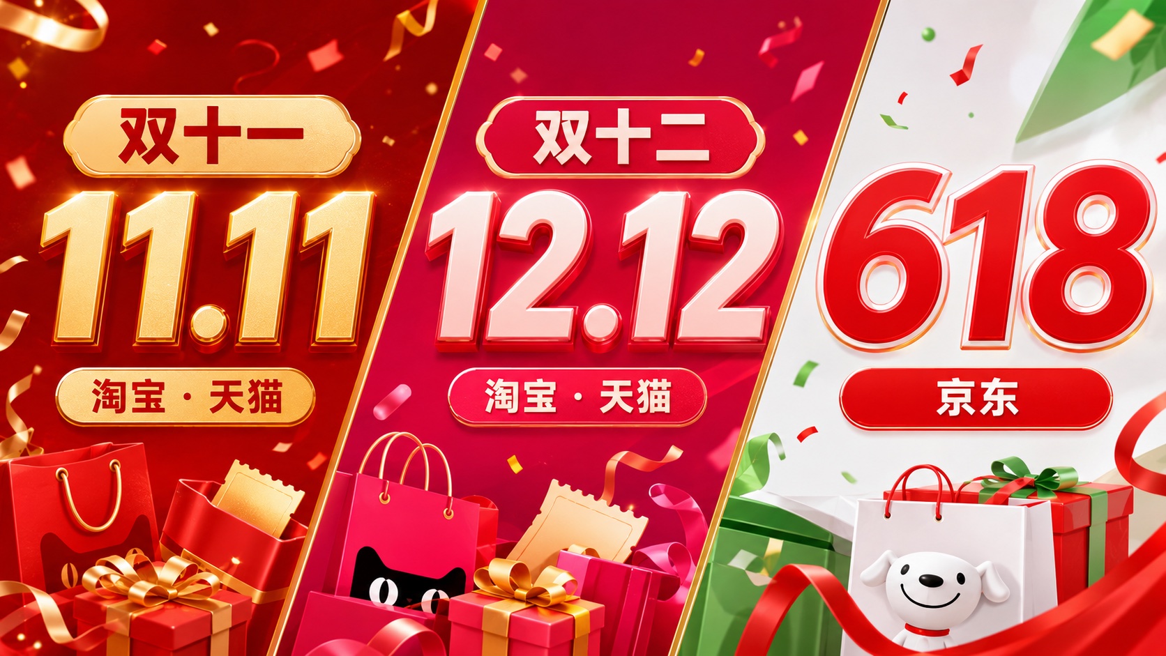 淘宝天猫双十一、淘宝天猫双十二和京东 618 三个中国购物节的斜切海报