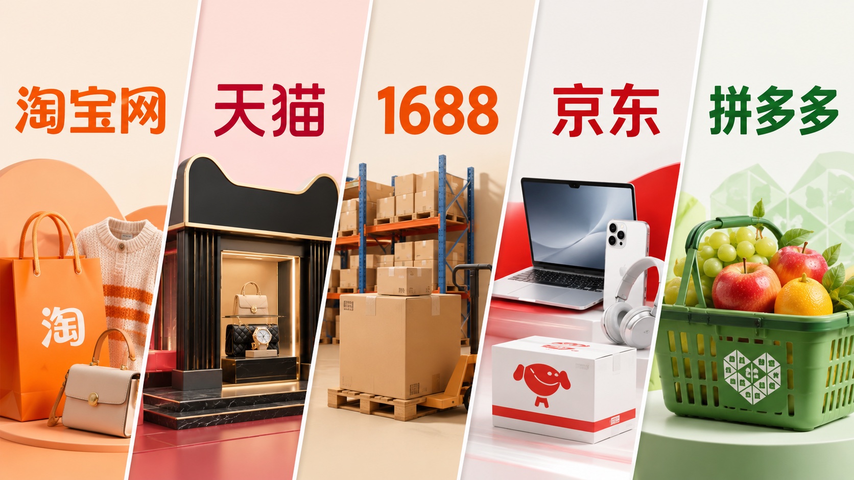 淘宝网、天猫、1688、京东和拼多多五个中国主要购物平台的斜切拼图