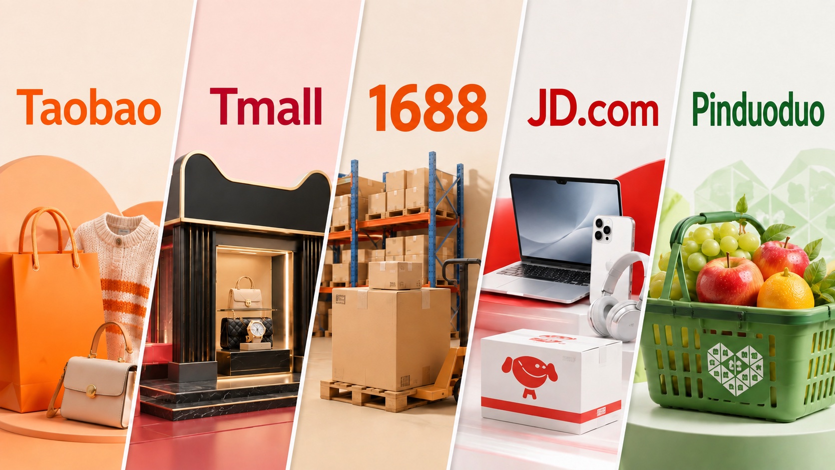 Taobao, Tmall, 1688, JD.com and Pinduoduo shown in five diagonal panels