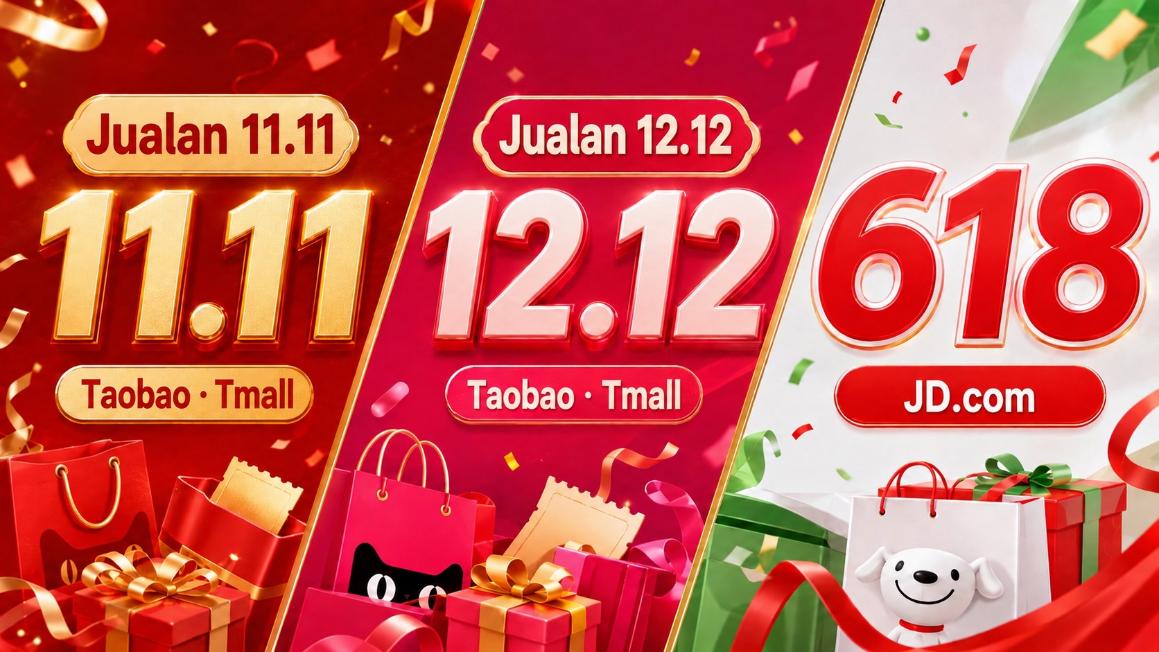 Jualan 11.11 dan 12.12 di Taobao serta Tmall, bersama festival pertengahan tahun 618 oleh JD.com